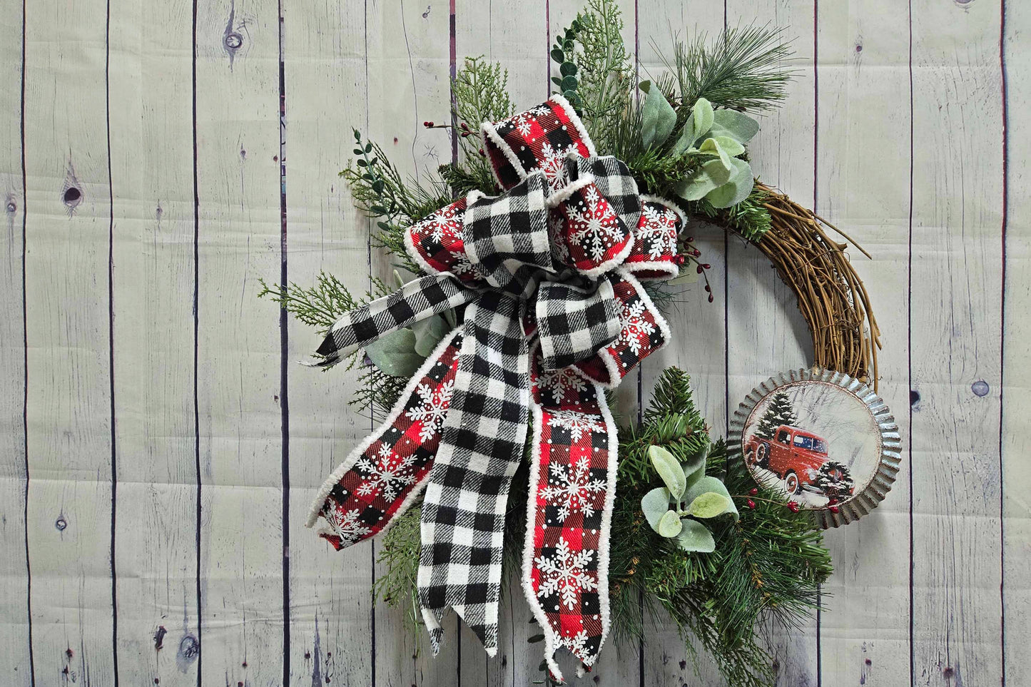 Farmhouse Black White Buffalo Plaid Christmas Wreath, Red Truck, Rustic Door Decor, Grapevine Winter Holiday