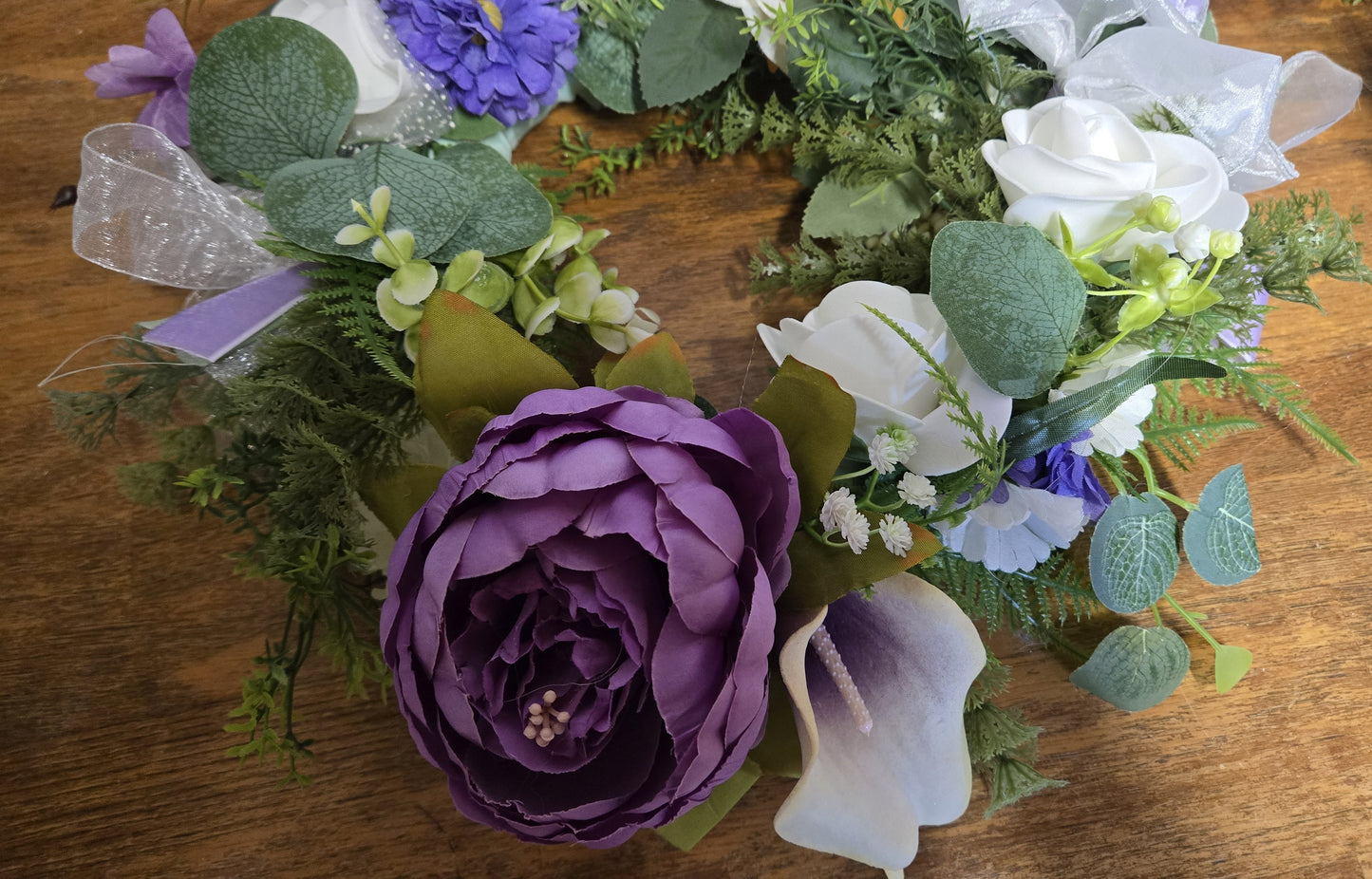12" Purple & White Peony Calla Lily Wedding Centerpiece | Set of 4 or 8 | Faux Floral Wreath Table Decor | Reusable Event Flowers