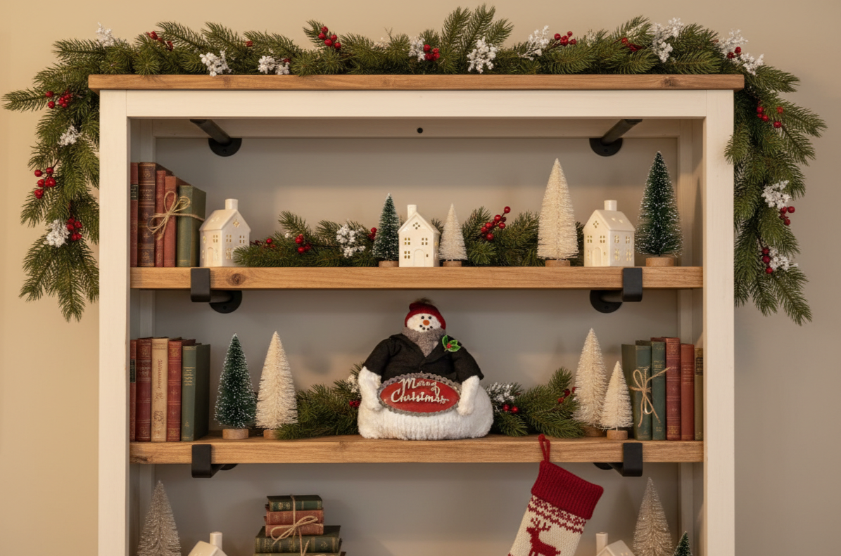 Plush Snowman Shelf Sitter with Merry Christmas Sign, Black Jacket and Red Hat Decor