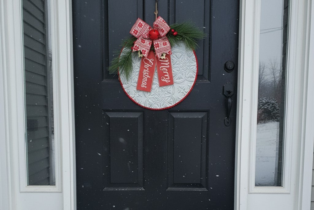 Happy Holidays 12" Faux Tin Door Hanger, Farmhouse Christmas Wreath, Metal Door Sign, Front Door Decoration, Holiday Gift