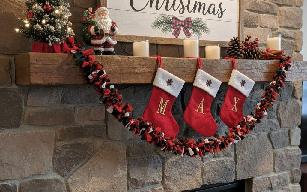 5ft Farmhouse Fleece Rag Garland | Red, Black, Green and White Buffalo Plaid Bunting | Year-Round Rustic Home Decor | Mantle & Wall Accent