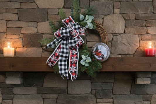 Farmhouse Black White Buffalo Plaid Christmas Wreath, Red Truck, Rustic Door Decor, Grapevine Winter Holiday