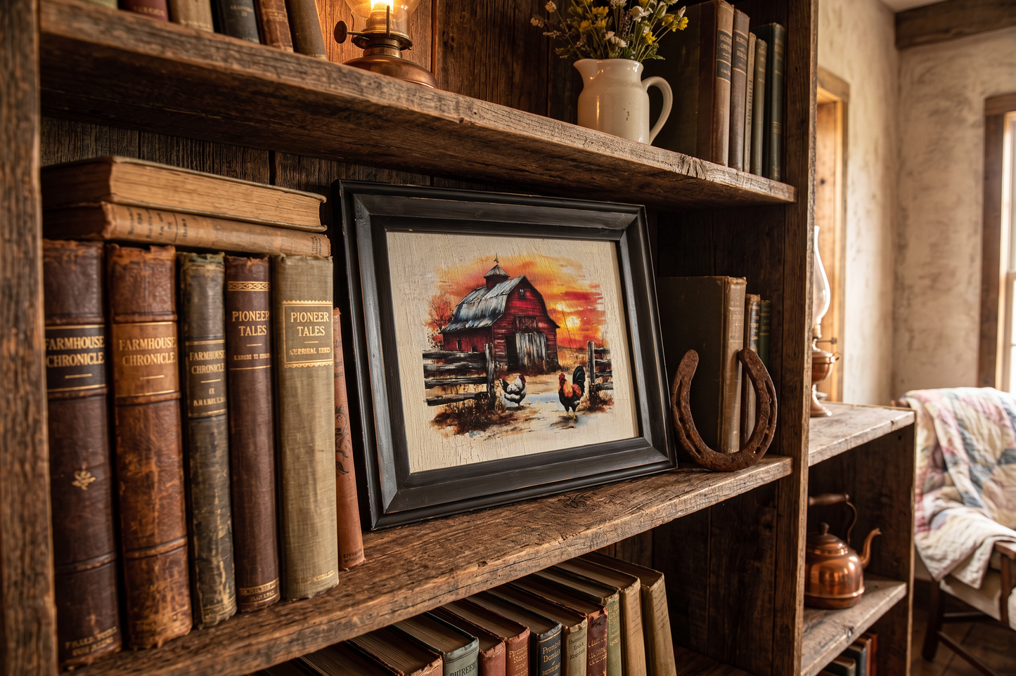Framed Red Barn Art, Distressed Farmhouse Wall Decor, Decoupage Rooster and Chicken Picture, Rustic Country Landscape Painting