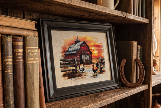 Framed Red Barn Art, Distressed Farmhouse Wall Decor, Decoupage Rooster and Chicken Picture, Rustic Country Landscape Painting