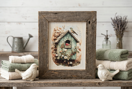 Rustic Birdhouse Wall Art, Reclaimed Barnwood Framed Picture, Decoupage Bluebird Canvas, Cottagecore Nature Decor