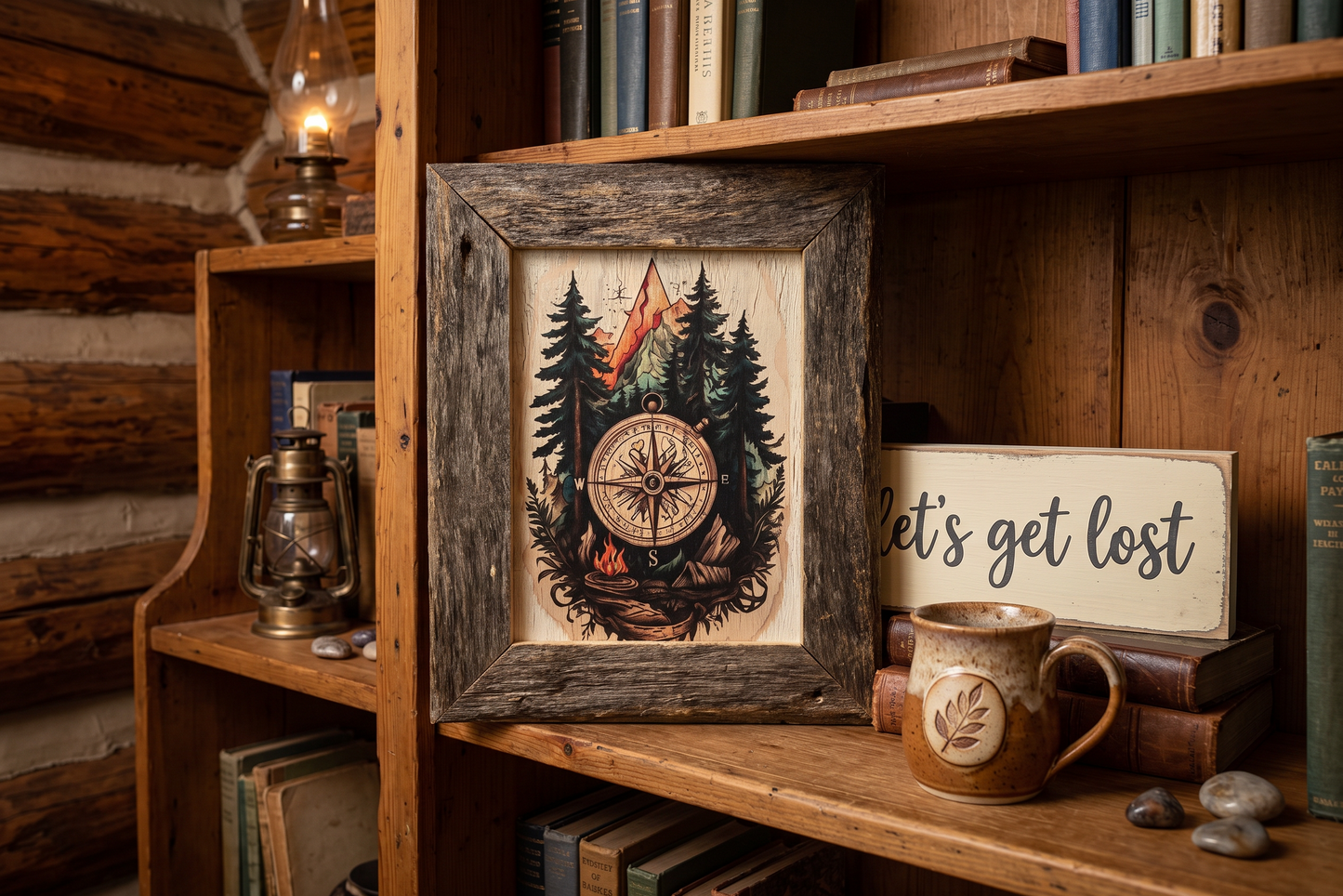 Rustic Compass Wall Art, Reclaimed Barnwood Framed Picture, Decoupage Mountain Canvas, Adventure Nature Decor