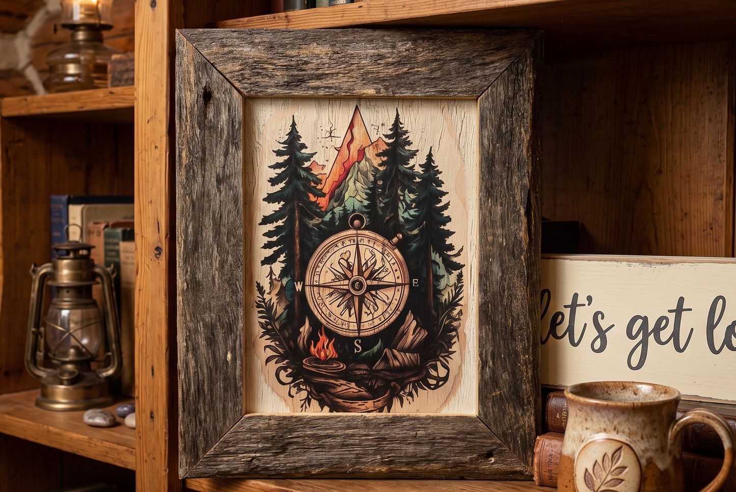 Rustic Compass Wall Art, Reclaimed Barnwood Framed Picture, Decoupage Mountain Canvas, Adventure Nature Decor