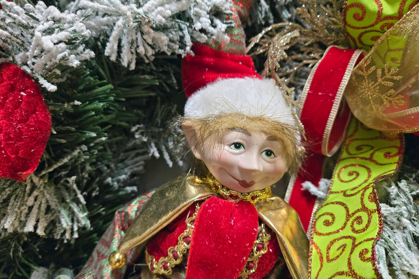 Whimsical Lighted Christmas Elf Wreath | Battery Operated Holiday Front Door Decor with Doll Ornament