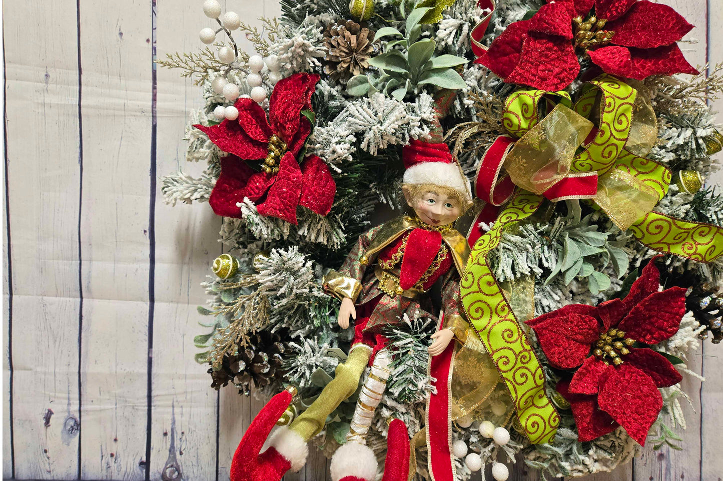 Whimsical Lighted Christmas Elf Wreath | Battery Operated Holiday Front Door Decor with Doll Ornament