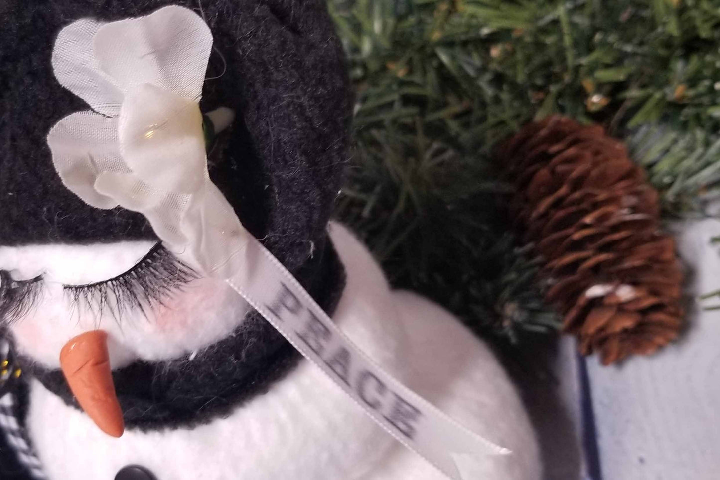 Handmade Snowman with Eyelashes, Black Hat and Checked Scarf Winter Decor