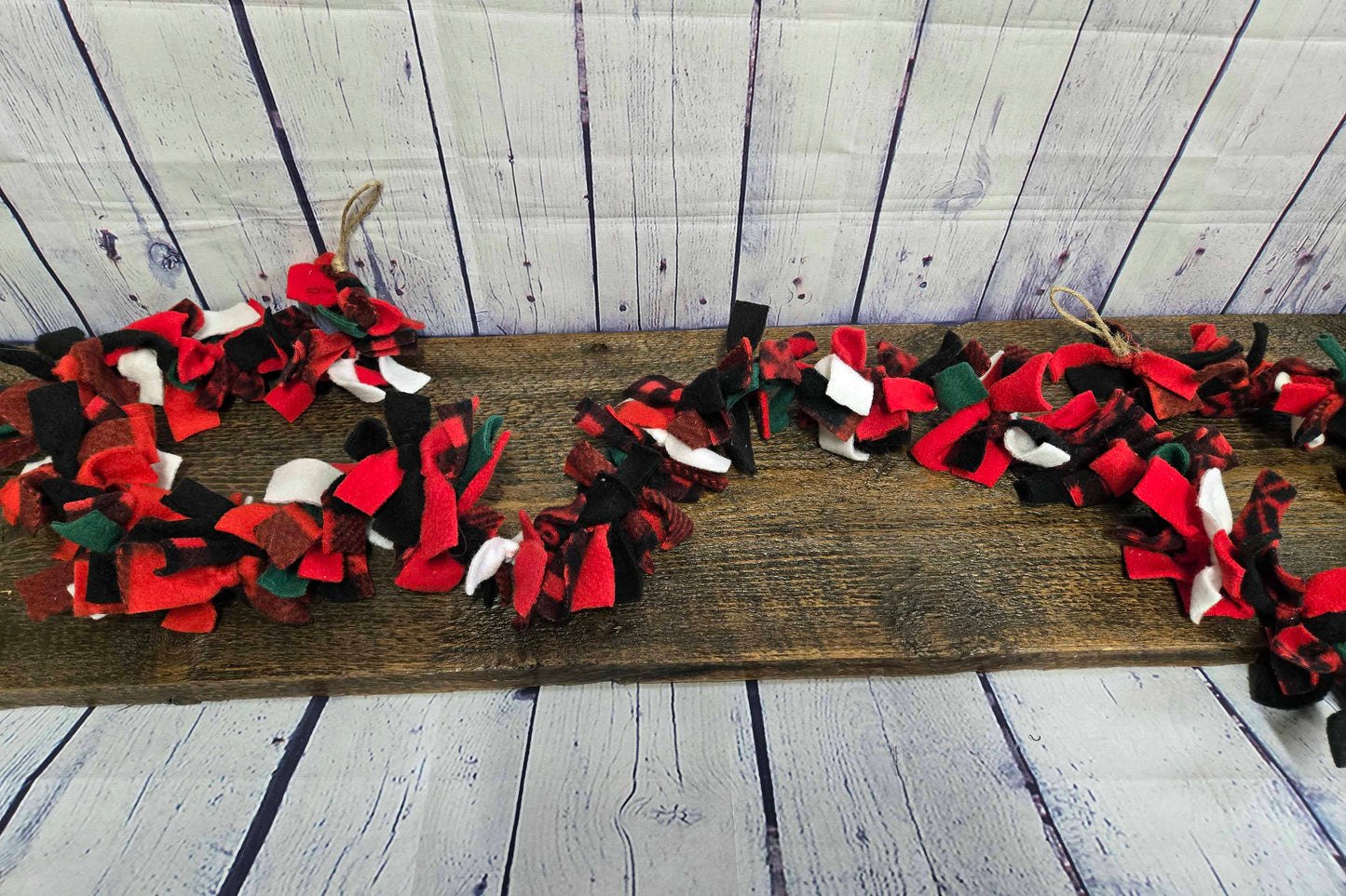 5ft Farmhouse Fleece Rag Garland | Red, Black, Green and White Buffalo Plaid Bunting | Year-Round Rustic Home Decor | Mantle & Wall Accent