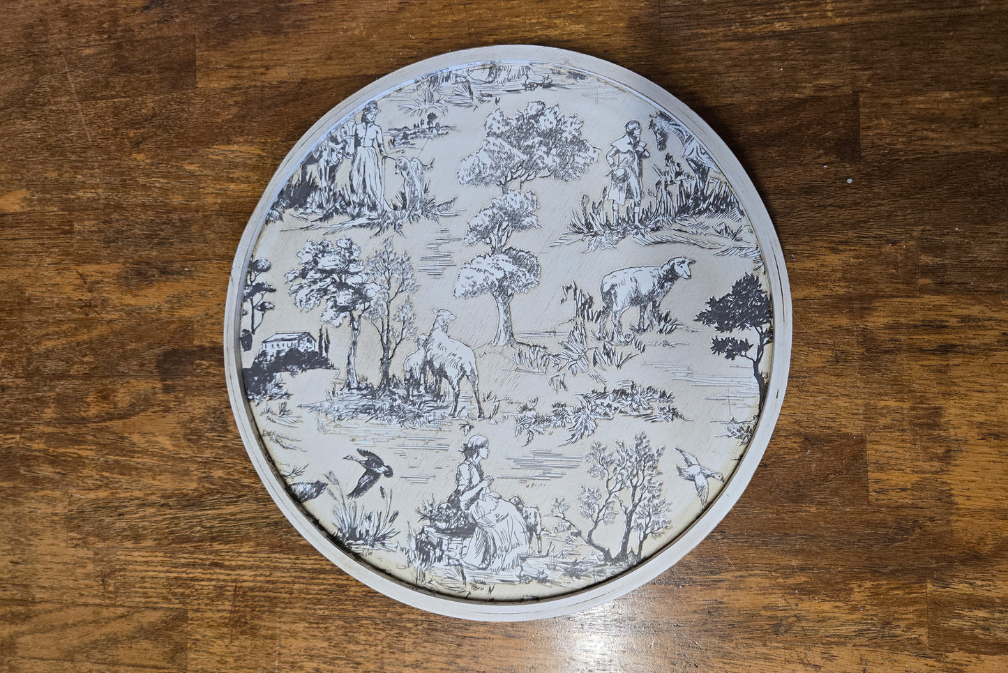 12 Inch Wood Lazy Susan, French Toile Farmhouse Turntable, Country Pastoral Table Decor, Rustic Kitchen Counter Top Organizer