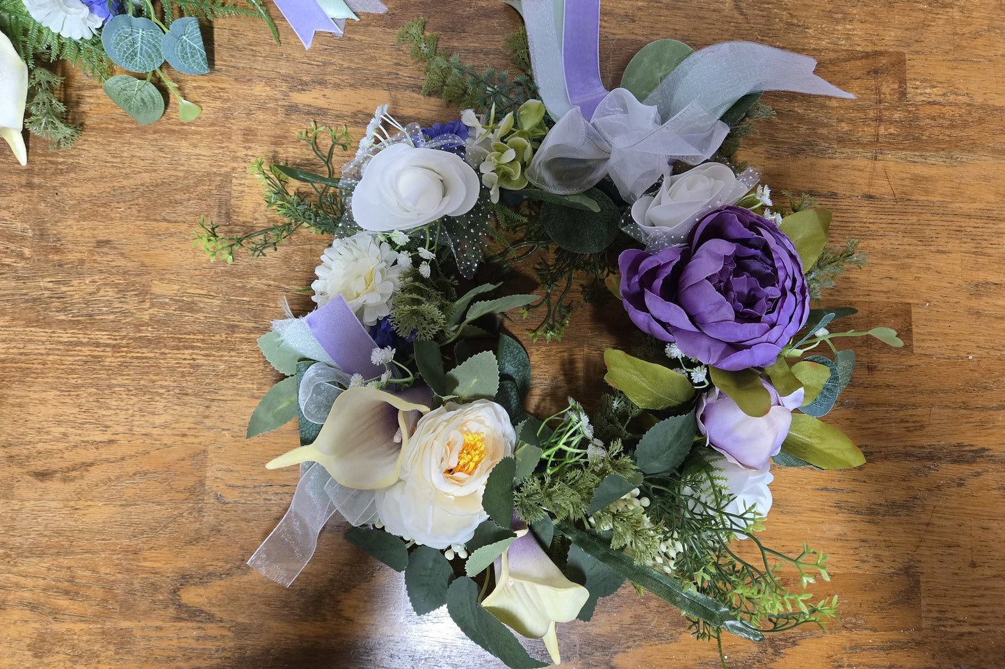 12" Purple & White Peony Calla Lily Wedding Centerpiece | Set of 4 or 8 | Faux Floral Wreath Table Decor | Reusable Event Flowers