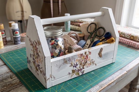 White Wood Garden Caddy, Distressed Floral Tool Box, Decoupage Butterfly Tote, Rustic Farmhouse Planter, Cottagecore Table Centerpiece