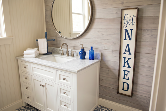 Get Naked Sign for Bathroom, 8x36 Vertical Bathroom Wall Decor, Farmhouse Bathroom Sign, Hand Painted Wood Sign, Rustic Guest Bath Decor