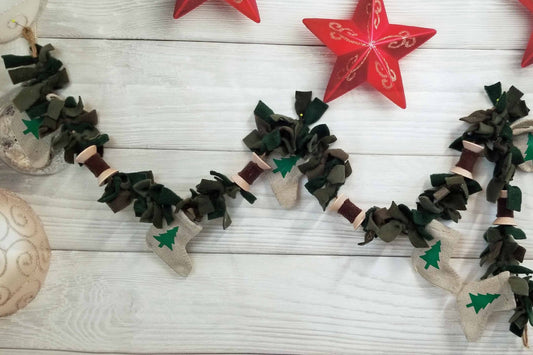 56" Rustic Christmas Rag Garland, Farmhouse Fabric Bunting with Vintage Wood Spools and Mini Burlap Stockings, Reusable Holiday Mantel Decor