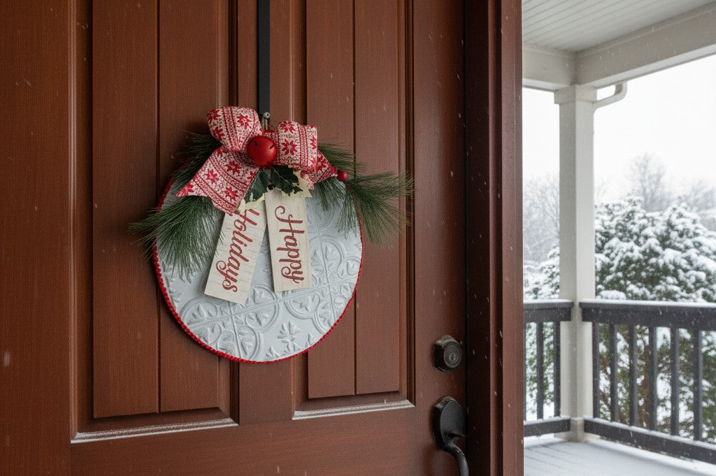 Happy Holidays 12" Faux Tin Door Hanger, Farmhouse Christmas Wreath, Metal Door Sign, Front Door Decoration, Holiday Gift