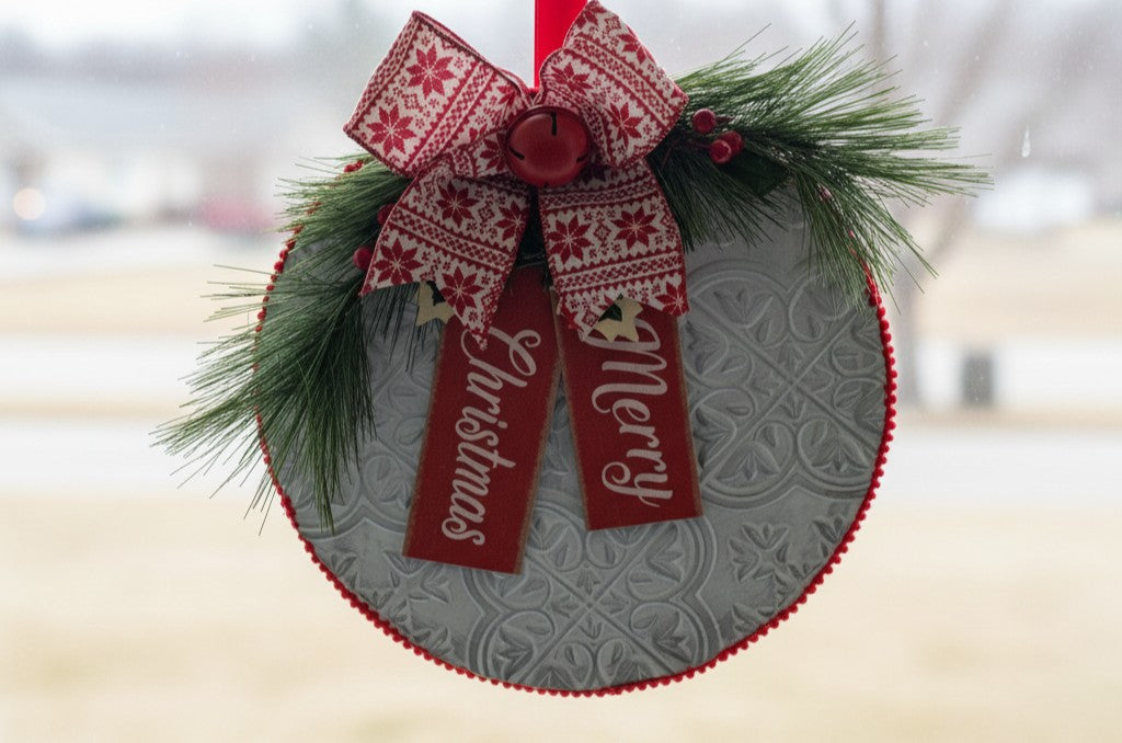 Happy Holidays 12" Faux Tin Door Hanger, Farmhouse Christmas Wreath, Metal Door Sign, Front Door Decoration, Holiday Gift