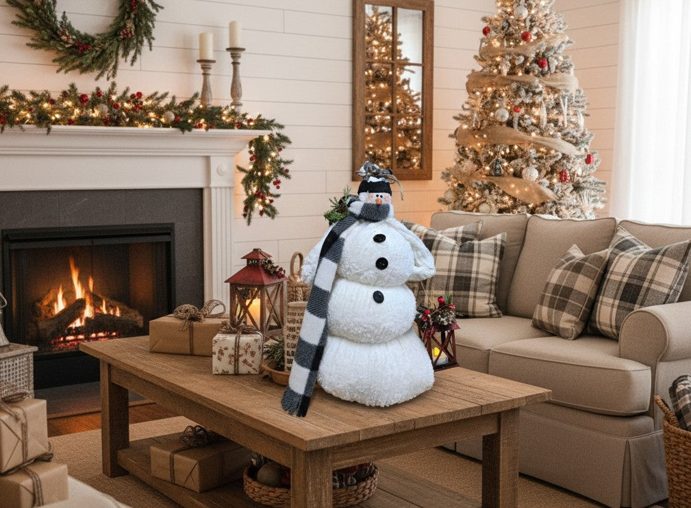 Cozy White Chenille Standing Snowman with Buffalo Plaid Scarf & Lantern