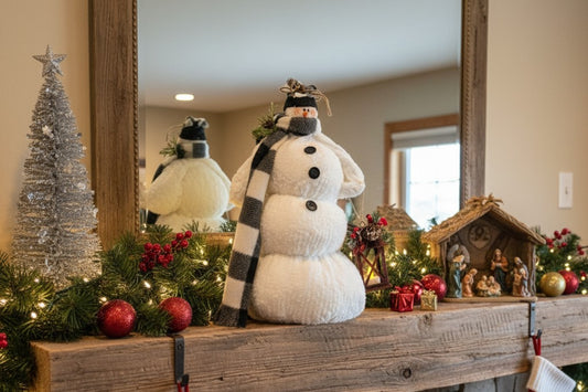 Cozy White Chenille Standing Snowman with Buffalo Plaid Scarf & Lantern