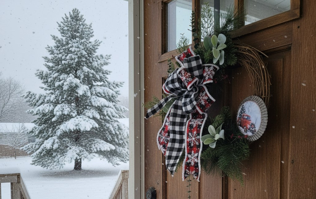 Farmhouse Black White Buffalo Plaid Christmas Wreath, Red Truck, Rustic Door Decor, Grapevine Winter Holiday