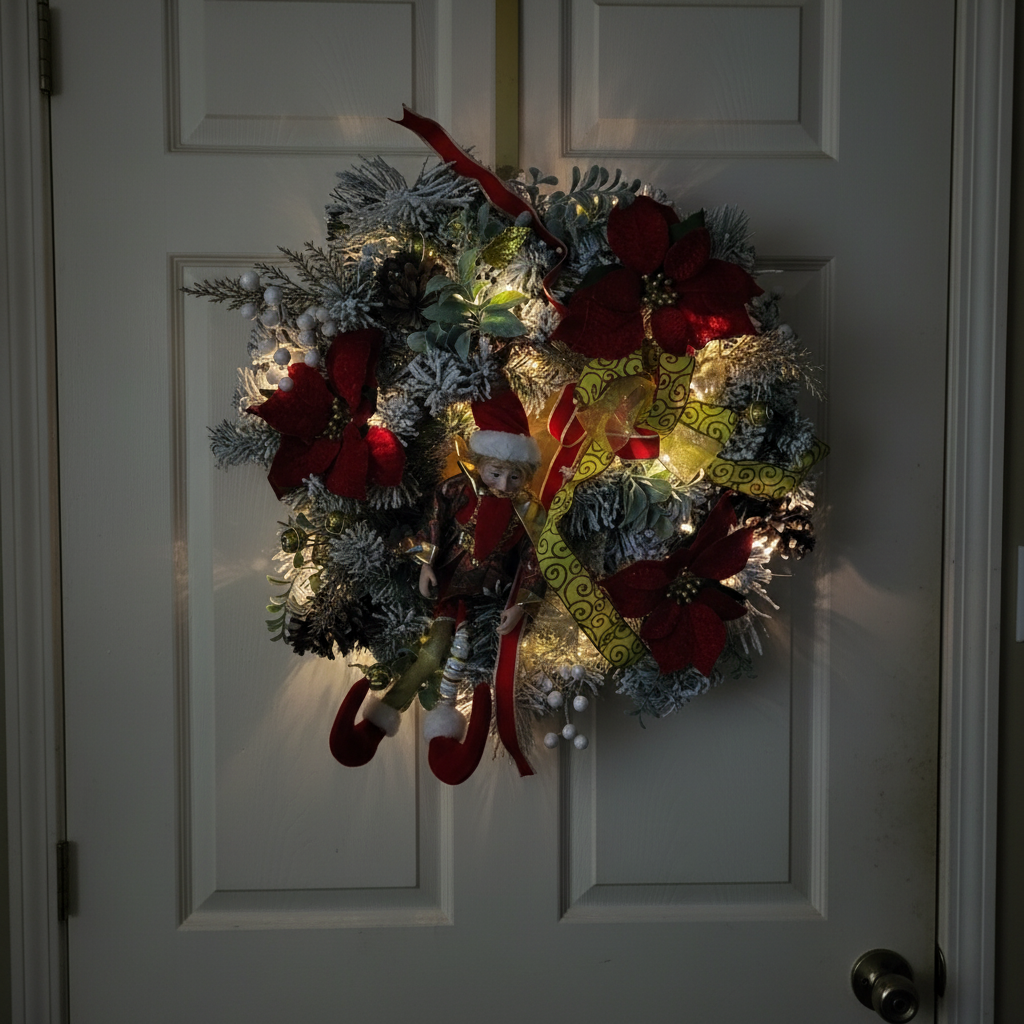 Whimsical Lighted Christmas Elf Wreath | Battery Operated Holiday Front Door Decor with Doll Ornament