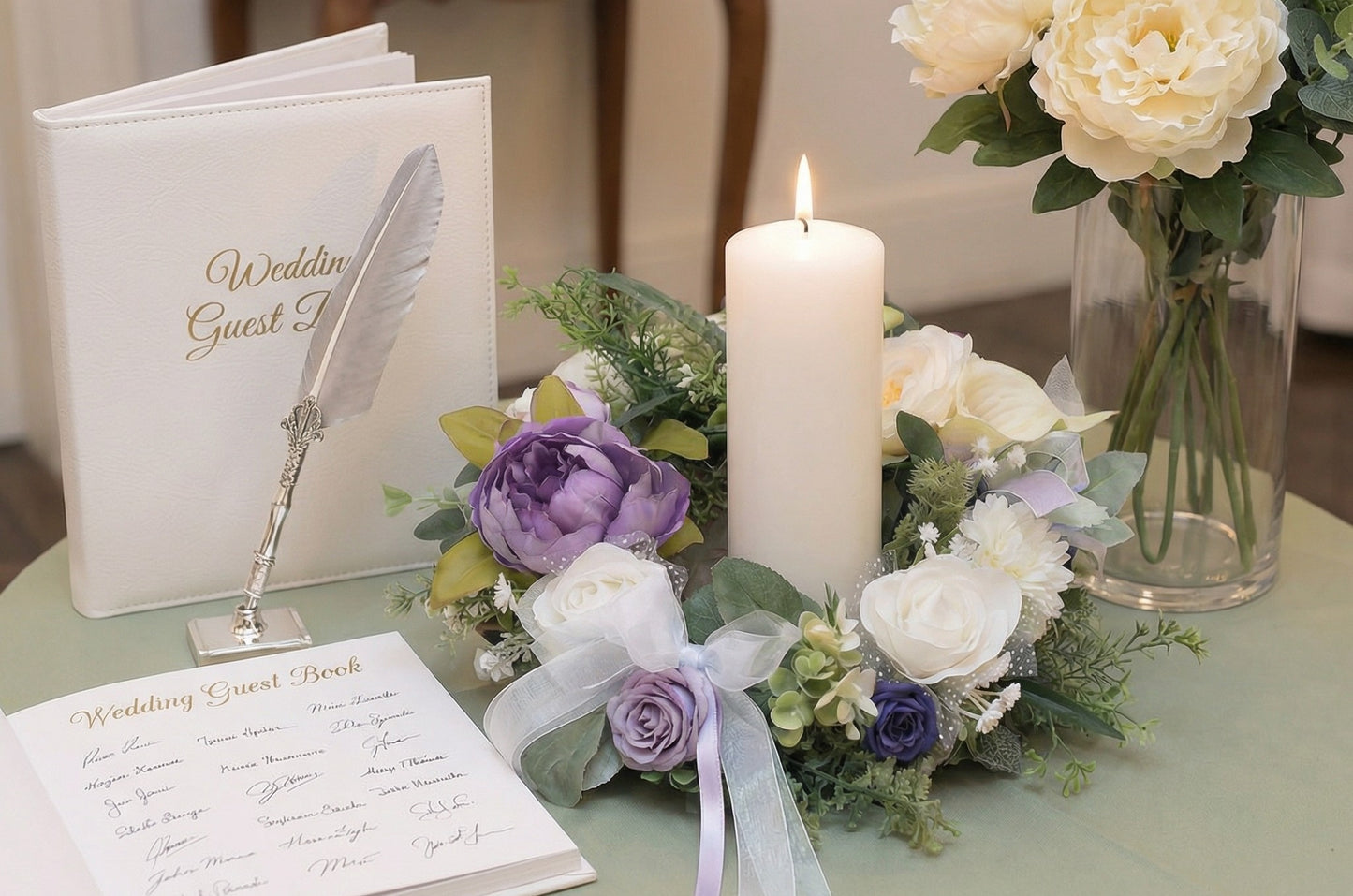 12" Purple & White Peony Calla Lily Wedding Centerpiece | Set of 4 or 8 | Faux Floral Wreath Table Decor | Reusable Event Flowers