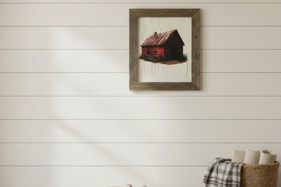 Rustic Red Barn Wall Decor – 12.5x14.5 Barnwood Framed Sign – Decoupage Art on Crackle Finish – Farmhouse Home Decor