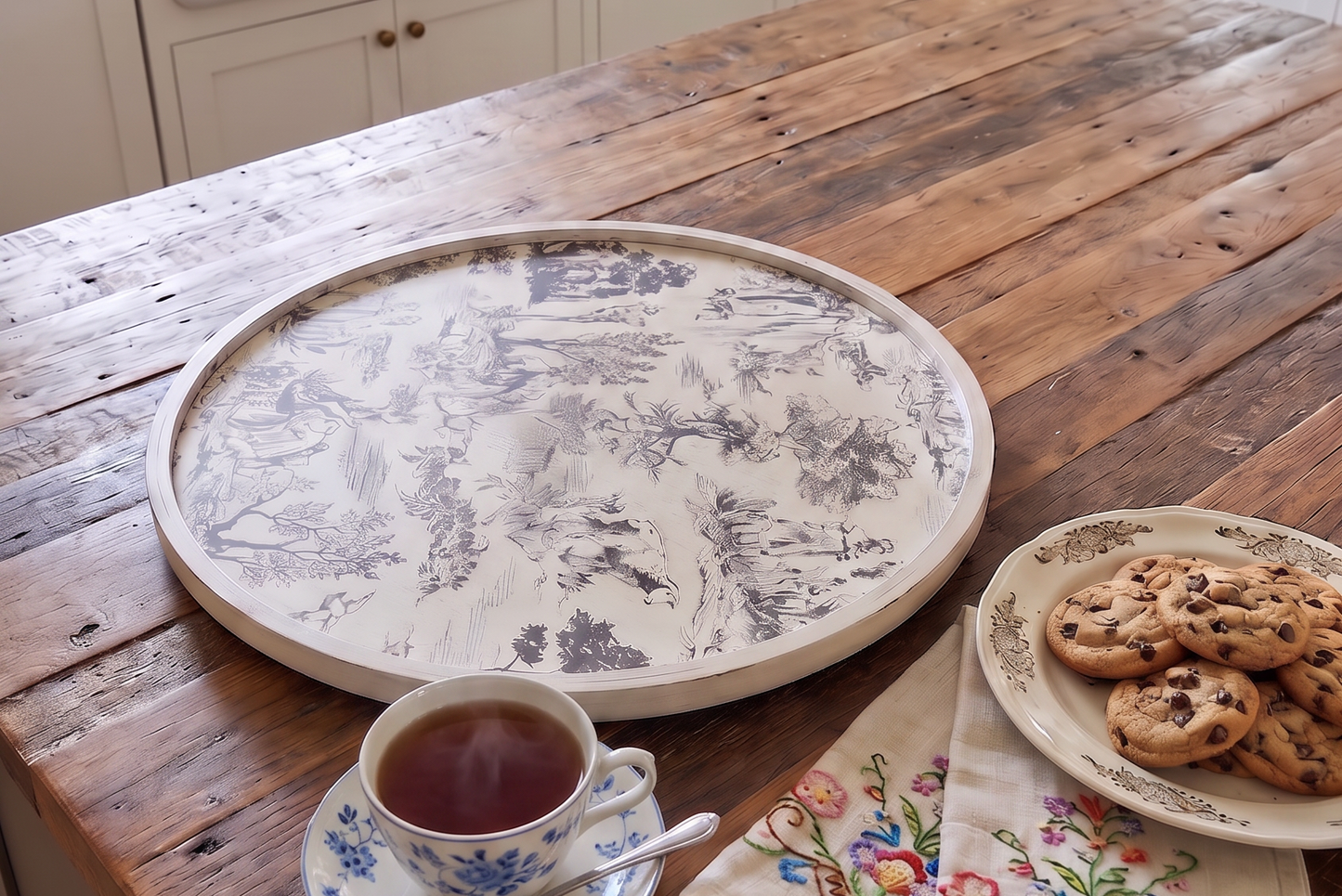 12 Inch Wood Lazy Susan, French Toile Farmhouse Turntable, Country Pastoral Table Decor, Rustic Kitchen Counter Top Organizer