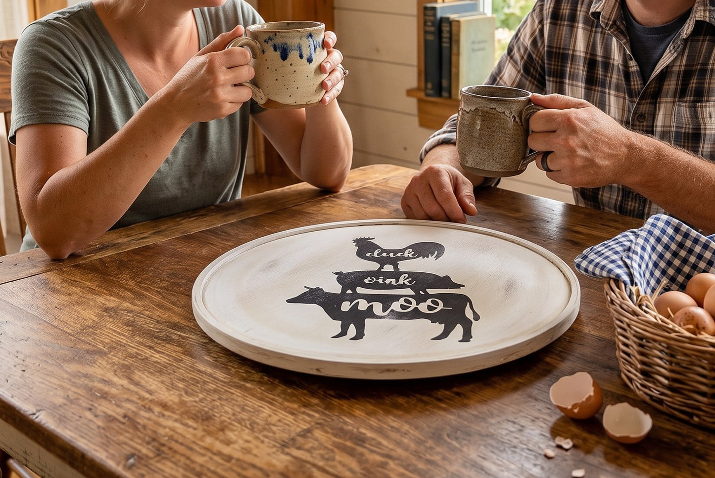 12 Inch Wood Lazy Susan, Hand Painted Farmhouse Turntable, Distressed Cow Pig Rooster Table Decor, Rustic Kitchen Counter Top Organizer