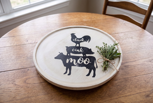 12 Inch Wood Lazy Susan, Hand Painted Farmhouse Turntable, Distressed Cow Pig Rooster Table Decor, Rustic Kitchen Counter Top Organizer