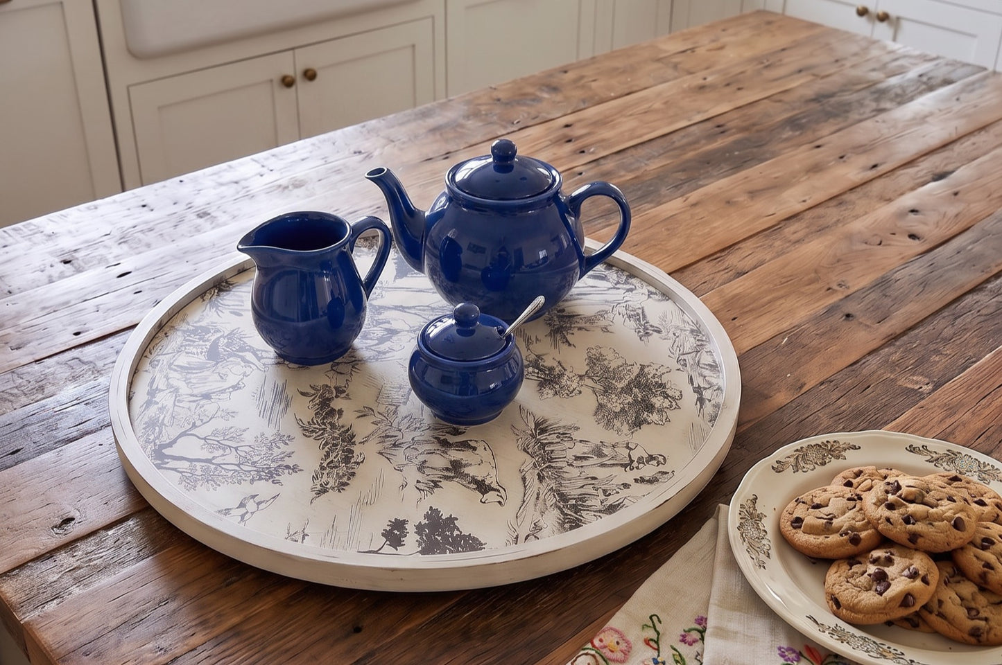 12 Inch Wood Lazy Susan, French Toile Farmhouse Turntable, Country Pastoral Table Decor, Rustic Kitchen Counter Top Organizer