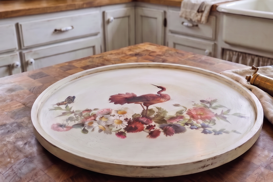 12 Inch Wood Lazy Susan, Decoupage Heron Turntable, Floral Bird Table Decor, Distressed Kitchen Counter Top Organizer, Vintage Garden Tray
