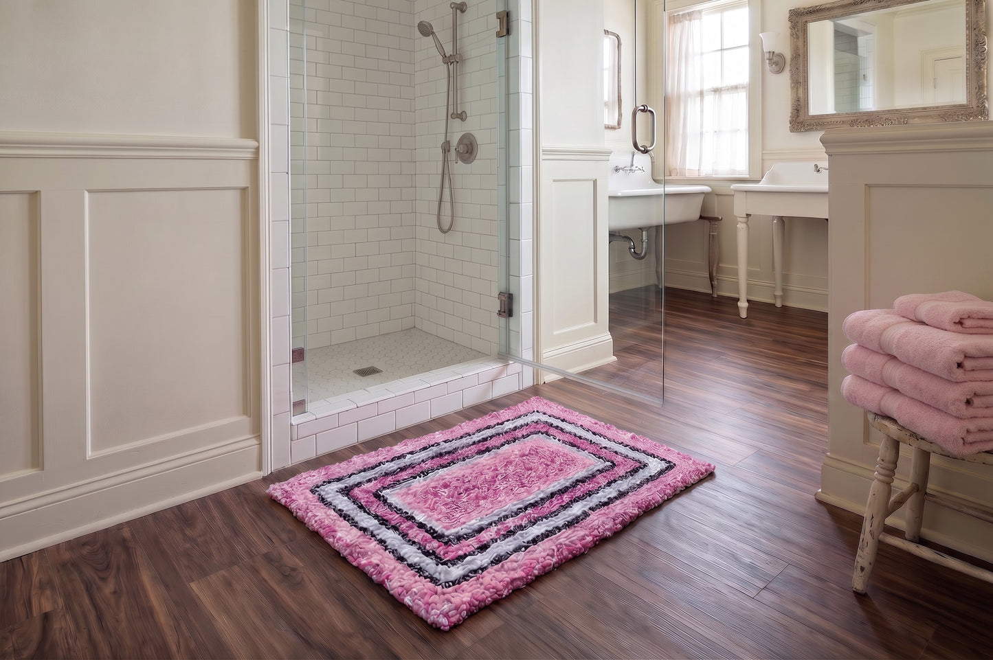 Handcrafted Locker Hook Rug | Pink and Black Accent Mat | Cotton Kitchen Bath Rug | Cottagecore Entryway Bedroom Floor Decor