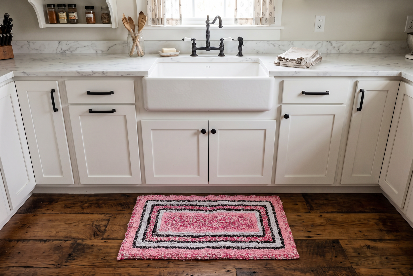 Handcrafted Locker Hook Rug | Pink and Black Accent Mat | Cotton Kitchen Bath Rug | Cottagecore Entryway Bedroom Floor Decor