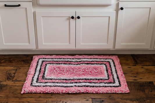 Handcrafted Locker Hook Rug | Pink and Black Accent Mat | Cotton Kitchen Bath Rug | Cottagecore Entryway Bedroom Floor Decor
