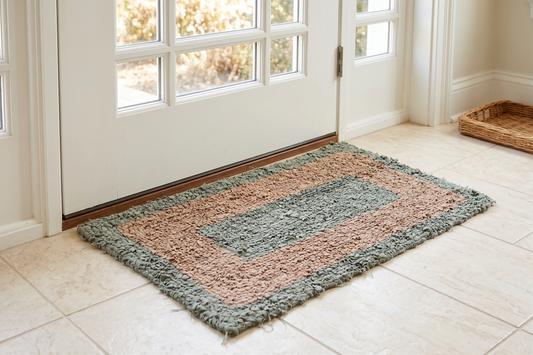 Sage Green Rag Rug, Handcrafted Locker Hook Mat, 18x28 Tan Accent Rug, Farmhouse Kitchen Doormat, Cozy Cottagecore Bath Rug