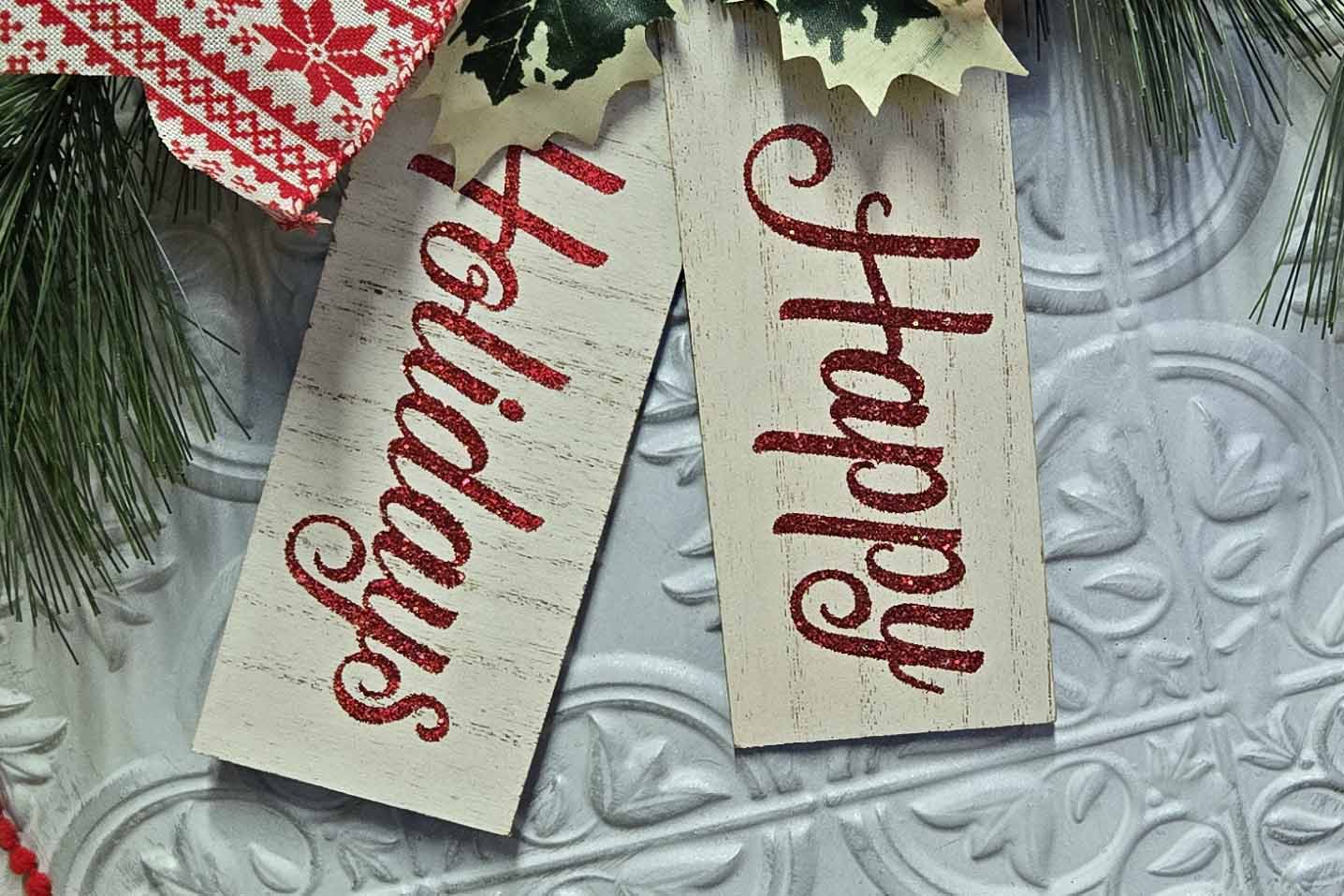 Happy Holidays 12" Faux Tin Door Hanger, Farmhouse Christmas Wreath, Metal Door Sign, Front Door Decoration, Holiday Gift