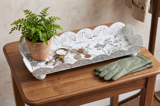 Upcycled French Toile Metal Tray, Long Footed Table Centerpiece, Distressed Country Pastoral Tray, 18 In Ruffled Toile Risers