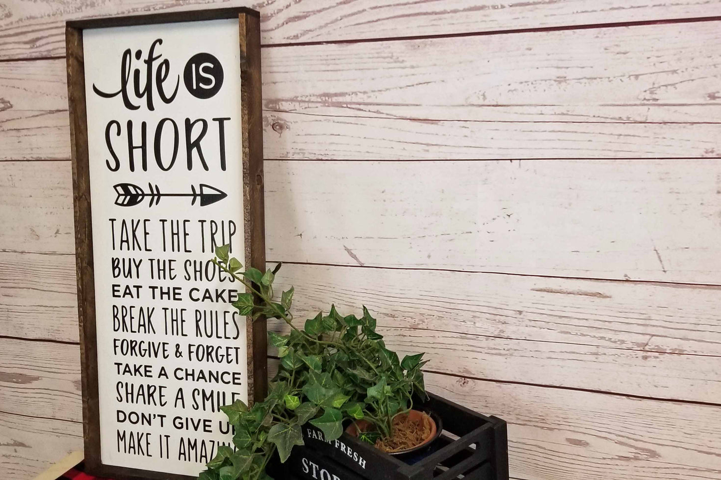 Life Is Short Wood Sign, Large Farmhouse Wall Decor, Rustic Framed Quote, Take The Trip Buy The Shoes, Inspirational New Home Gift