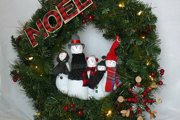 noel snowman family evergreen lighted wreath