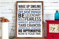 motivational wake up smiling wood sign